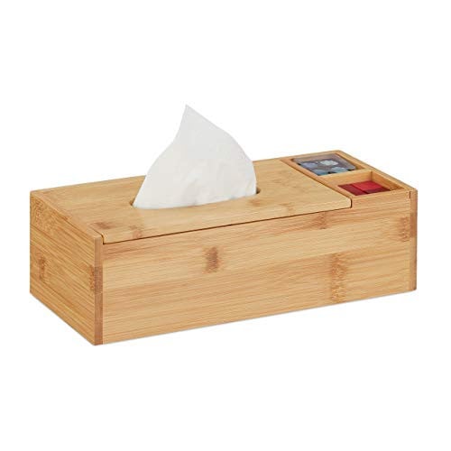 Relaxdays Tissue box met 2 vakken en plank, bamboe, beige/bruin, H x B x D: 9 x 30,5 x 14,5 cm