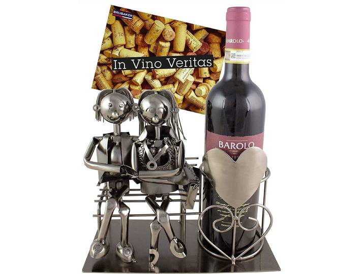 BRUBAKER Flessenhouder Lovers on Bench - Wijnfles Houder Zilver - Flessenrek Metaal Figuur Liefde - Metalen Sculptuur Cadeau voor Gehuwden met Cadeaubon - Wijnrek