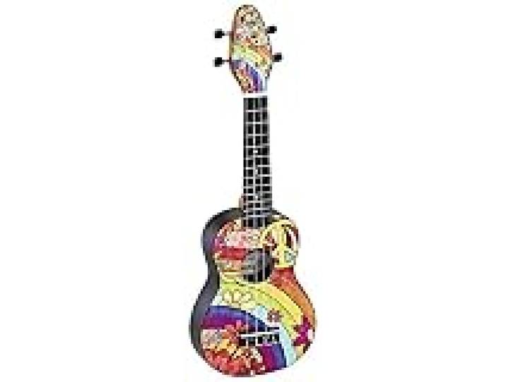 Ortega Guitars Ukulélé Soprano coloré - Keiki K2 - Kit de démarrage incluant Accordeur, Courroie, 5 Médiators Medium et Sac à cordon - peace '68 (K2-68)