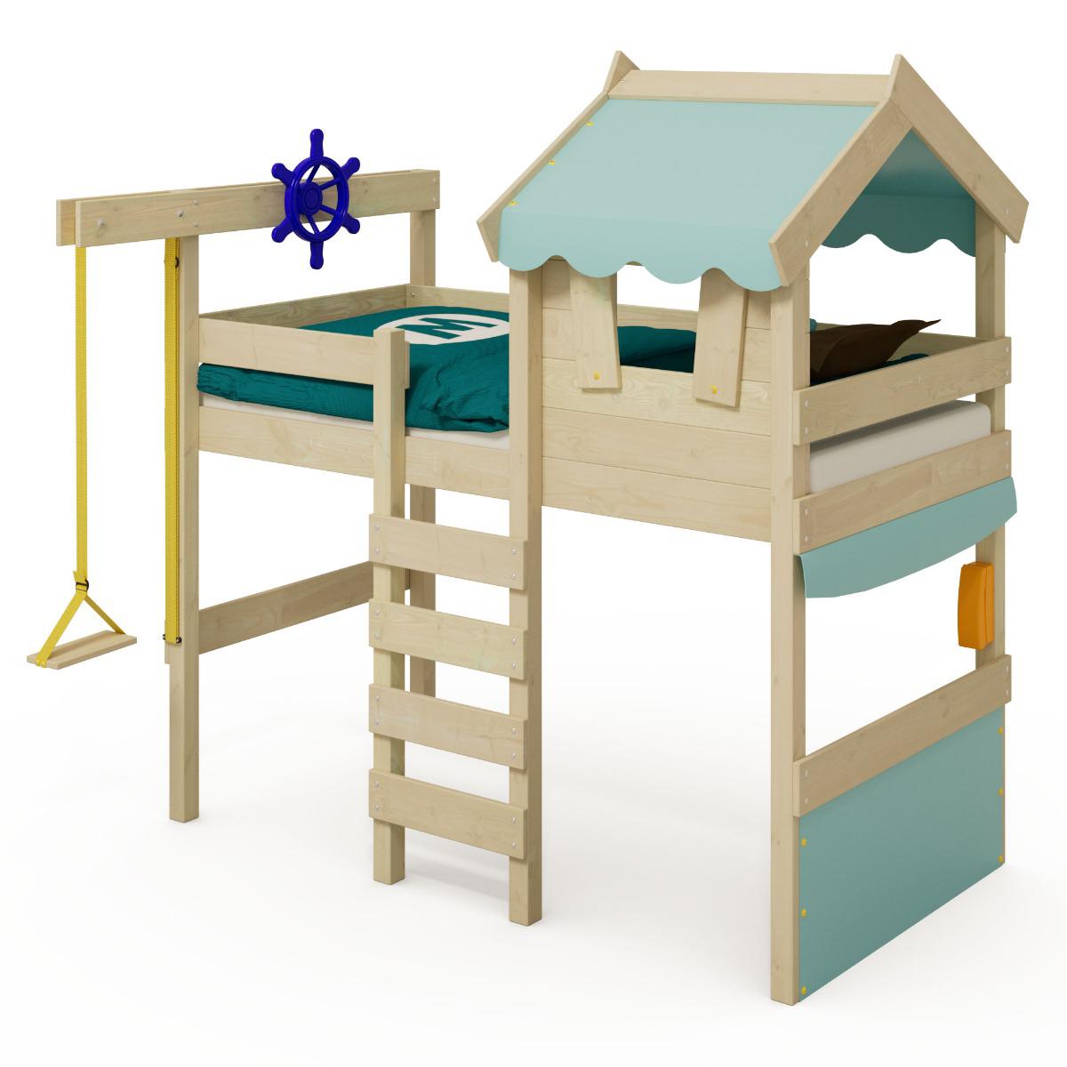 Kinderhochbett CrAzY Gloomy 90x200 cm aus Massivholz mit Spielbereich Dach Leiter und Flaschenzug für ein tolles Kinderzimmer - Wickey