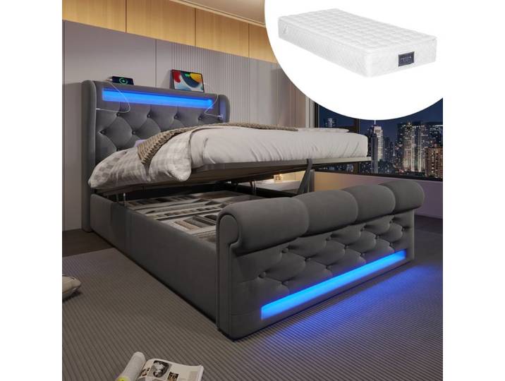 Pack chambre lit double 180x200 velours beige avec chevets tiroirs LED USB et ensemble mobilier adulte complet