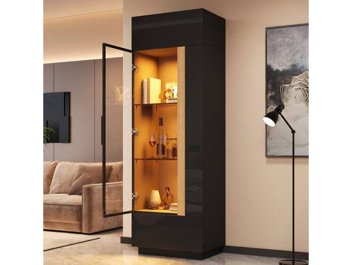 Vitrine haute avec porte vitrée éclairage LED pilotable par app vitrine avec cadre en aluminium meuble de rangement noir