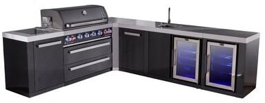 "Mont Alpi 94"" x 113"" L-shaped Black Stainless Steel Outdoor Kitchen Island with 2 Fridges + Faucet & Sink + 44""W 6-Burner Grill"