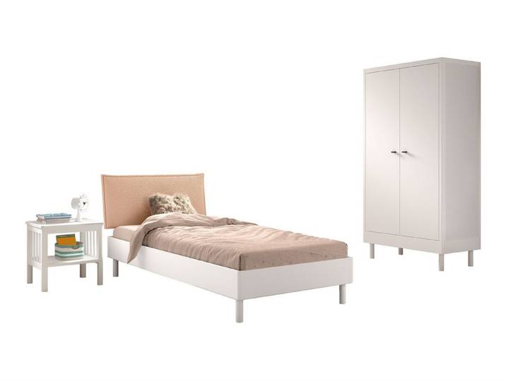 58 aufm Kessel Jugendzimmer-Set Einzelbett Set 90x200 Keeley Buche Bett Weiß Massivholz Schrank, (inkl. Versand, Lieferung bis Verwendungsstelle), Schlafzimmer-Set mit Bouclé Polsterbett, Nachtkonsole, Kleiderschrank