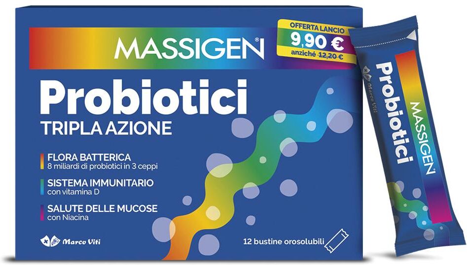 MARCO VITI FARMACEUTICI S Massigen, Probiotici Tripla Azione, 12 Stick