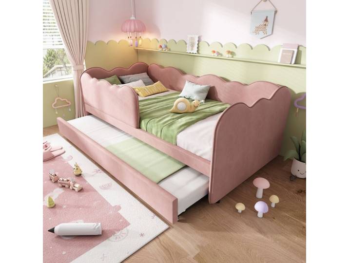 Lit gigogne 90x190cm lit simple avec sommier à lattes lit rembourré canapé-lit lit pour enfants filles velours rose