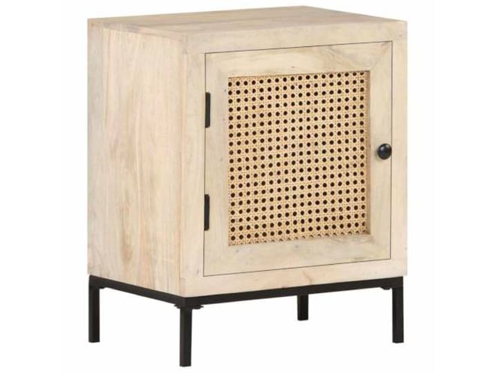 fsahslih Nachttisch 40x30x50 cm Massivholz Mango Rohrgeflecht Rustikaler Nachtschrank fürs Schlafzimmer aus gebleichtem Mangoholz mit eleganter Rohrgeflecht-Tür und Stahlsockel.