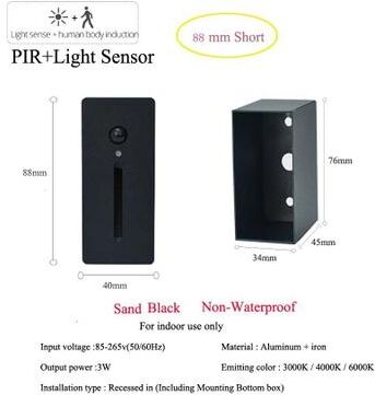Uplift Picks 3W PIR Motion Sensor Stair Light Slim LED Wall Lamp black Sensor (88mm) 3 W neutral White (4000k)