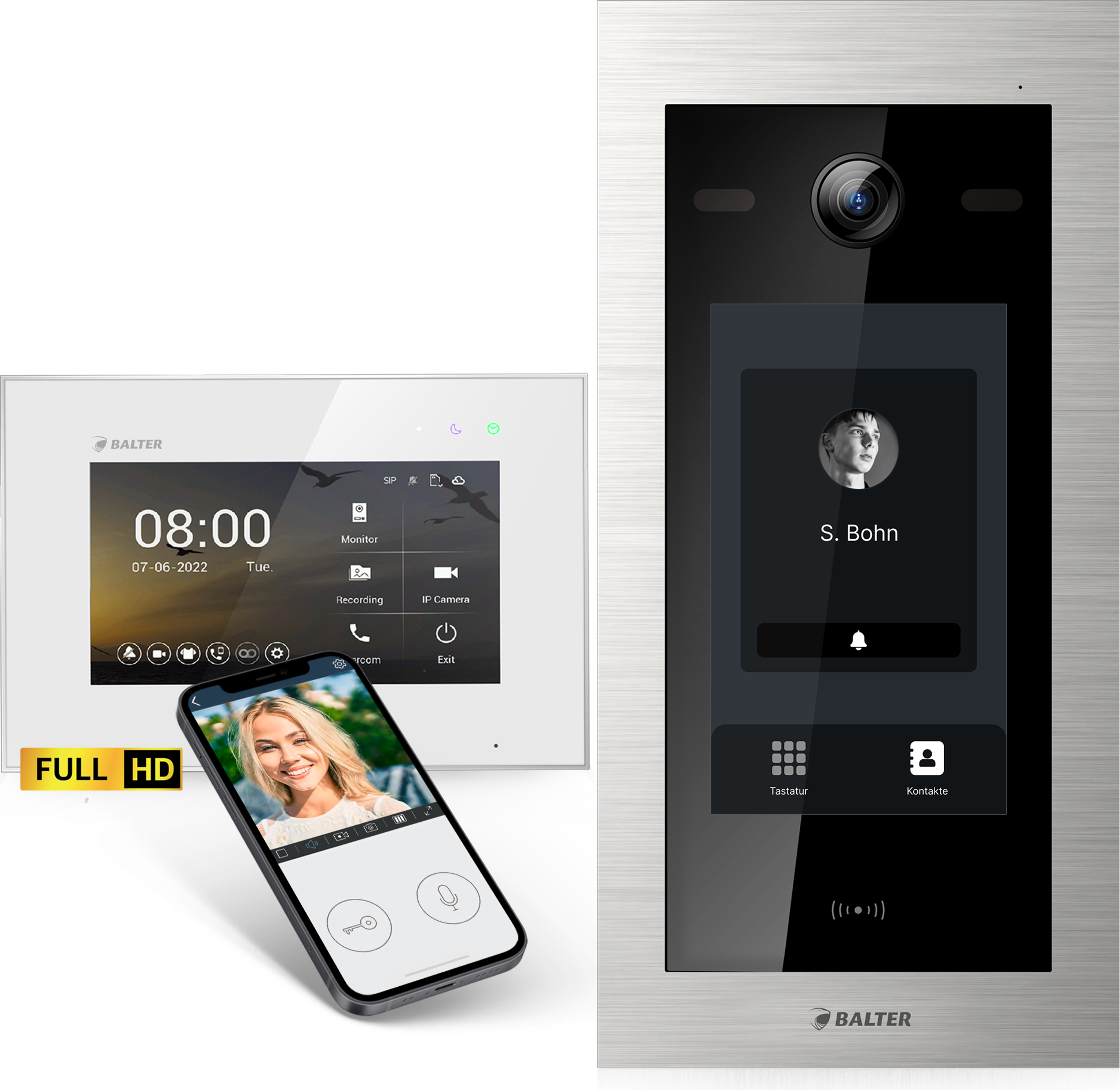 Balter EVO-HD Video Türsprechanlage mit Touchscreen Türstation, Video Türklingel, App, 1 Familienhaus, 1x 7 Zoll Monitor, Full HD, 2 Draht Bus
