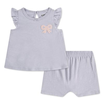 Bluse & Shorts HUGGIES BABYWEAR "HUGG 2PC SETS", Mädchen, Gr. 3 (6M/68), grau (thistle), Web, Obermaterial: 100% Baumwolle, bestickt, unifarben, KOB Set-Artikel, mit Stickerei