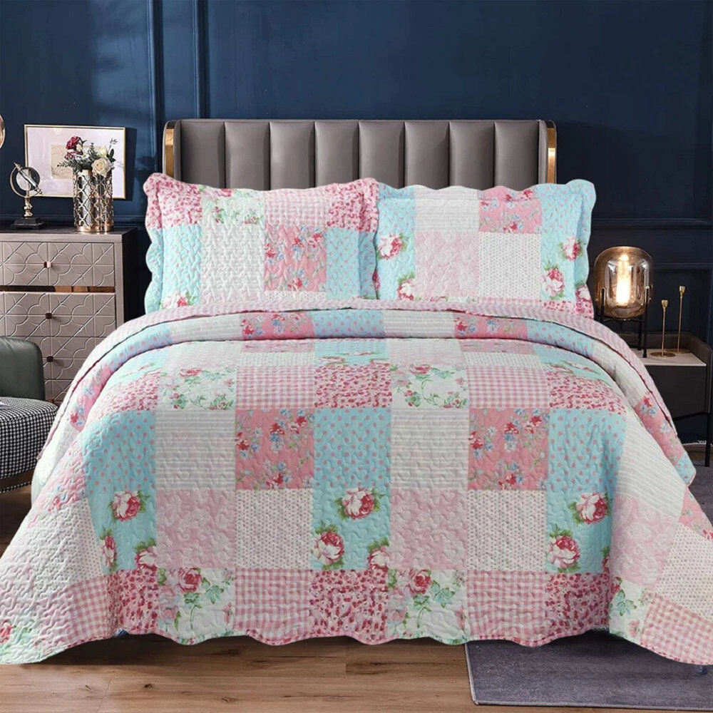 Household Furnishing Polyester Patchwork Bedspread with Pillow Shams Included Pink Double Bedspread + 2 Standard Shams