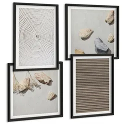 BILDER SET 4er Set - 50x50 cm & 40x60 cm Schwarzer Rahmen - Natürliche Texturen Holz Steine
