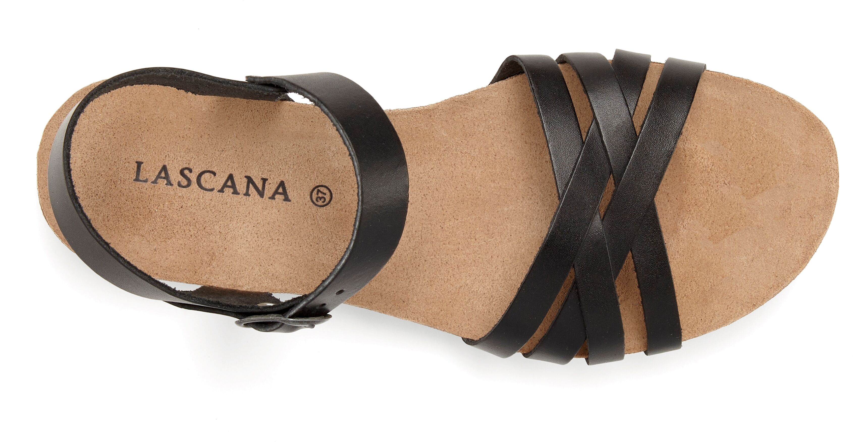 Sandale LASCANA "Sandalette, Sommerschuh, offener Schuh", Damen, Gr. 44, Rindsleder, schwarz, Obermaterial: 100% Rindsleder. Decksohle: 100% Rindsleder. Laufsohle: 100% Synthetik, unifarben, Basic, Schuhe Sandale, aus Leder mit Korkfußbett