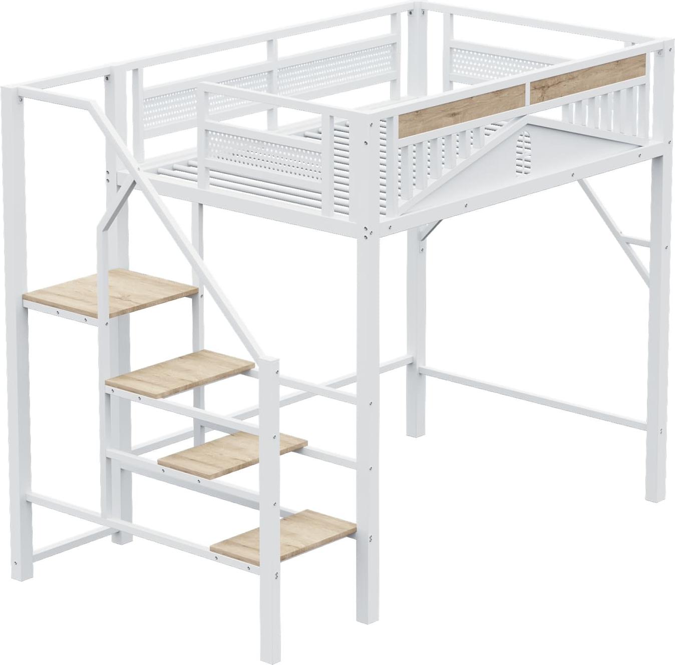 Metall-Hochbett(140 x 200cm,Weiß)Einzigartige Gehäuseform mit Fensterdesign, Mit Sicherheitsleiter, Viel Stauraum Unter Dem Bett