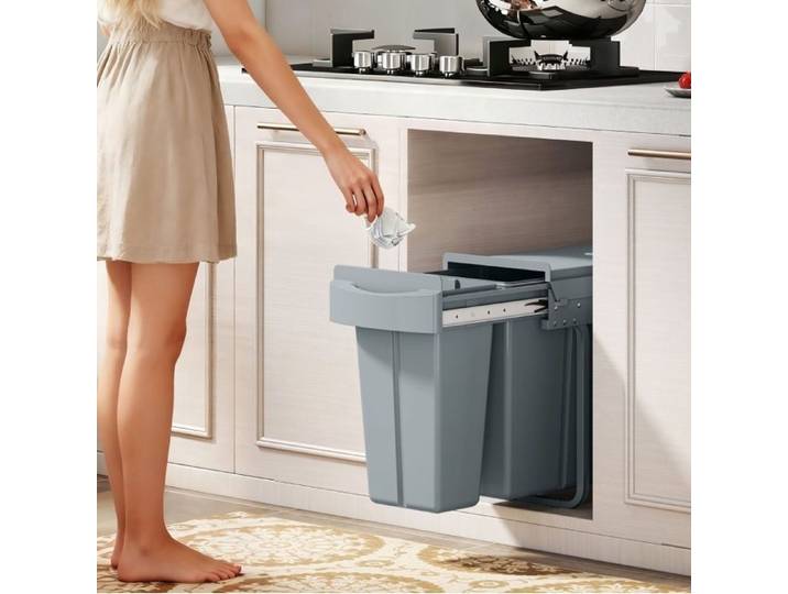 Poubelle Encastrable 30 L Gris Double Bac Coulissant FloraGrace Pour Cuisine Sous Evier Couvercle Anti Odeurs 52x26x40 8cm