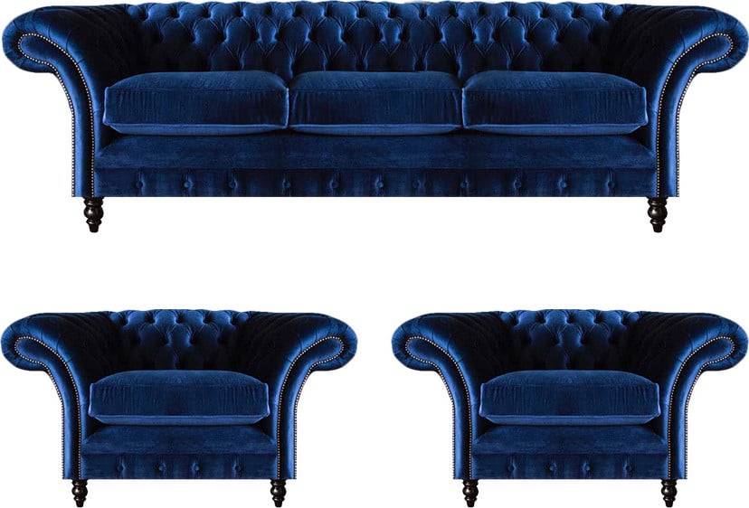 Blau Luxus Chesterfield Sofagarnituur 3-delig van Textiel Stoff