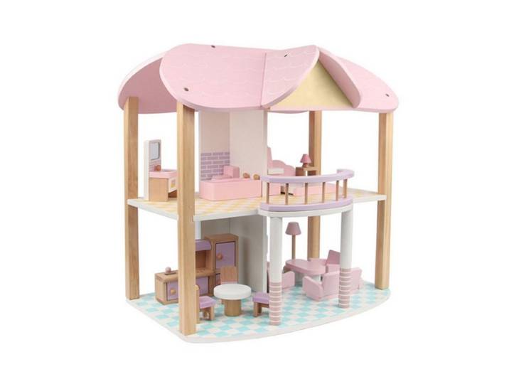 Coemo Puppenhaus SANDY, (möbliertes Puppenhaus Holz, 24-tlg), Puppenhaus Puppenstube aus Holz, komplett mit Möbel und Zubehör