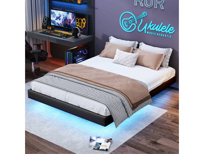 Rosahqnda Lit capitonné, 160x200 cm, lit double avec rangement, cadre de lit avec fixation en bois, sans tête de lit, (sans matelas)