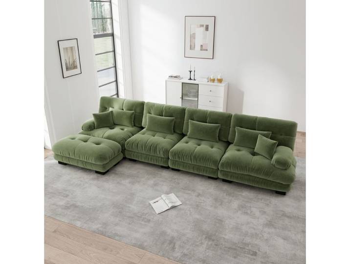 Canape D Angle 4 Places En Chenille Verte Sofa Modulable FloraGrace Pour Salon Ottoman Mobile Reversible 406x145x81cm