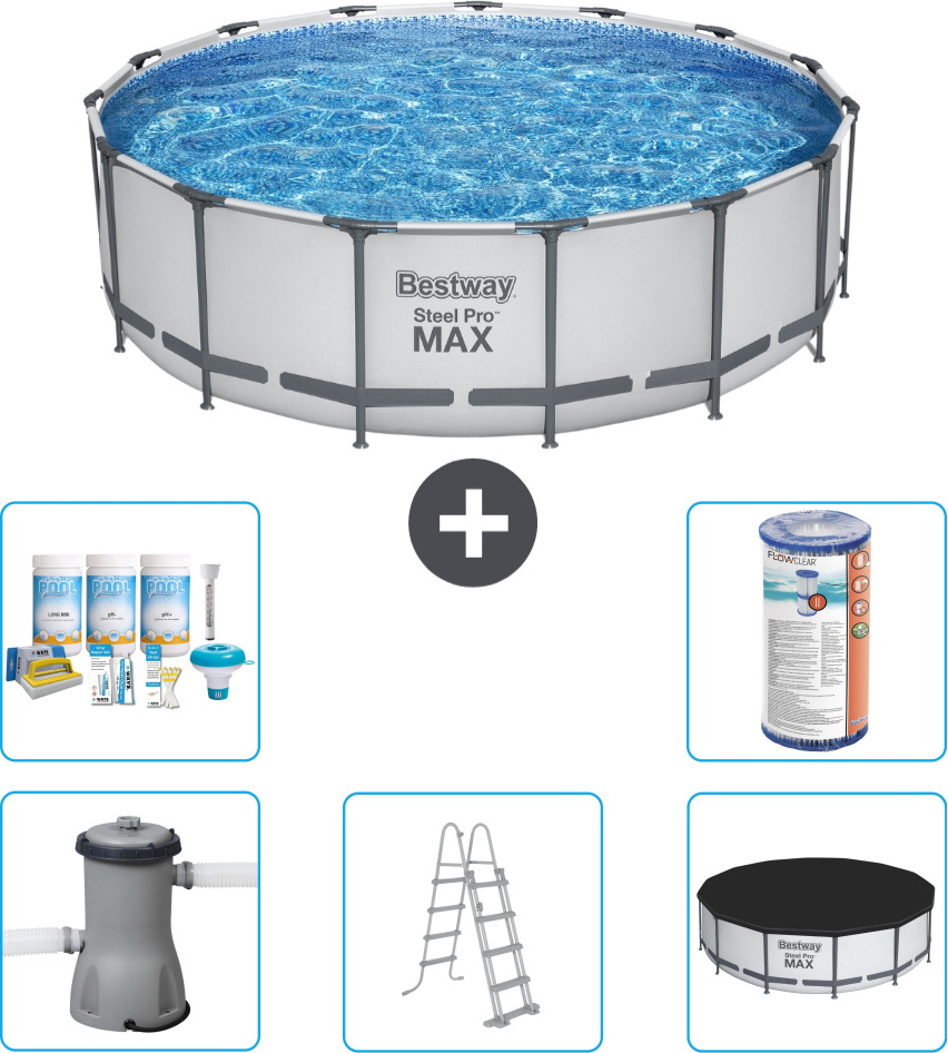 Bestway Round Steel Pro MAX Schwimmbad - 457 x 122 cm - Grau - inklusive Pumpe - Leiter - Abdeckung Wartungspaket - Filter
