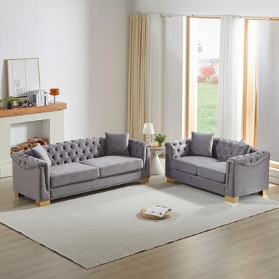 GDFStudio - 5-Seat Pine Wood Frame Velvet Chesterfield Combination Sofa with Tufted & Stud Details