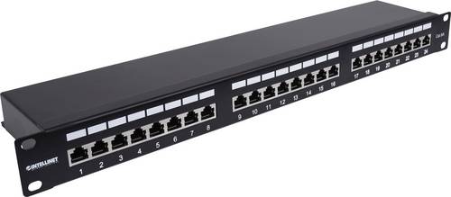 Intellinet 24-Port Cat6a Patchpanel geschirmt 1HE Kabeleinführung 90° abgewinkelt schwarz 24 Port Patch-Panel 483 mm (19") 1 HE Schwarz Bestückt