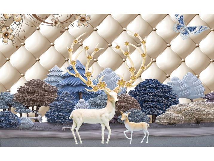 Fototapete PAPERMOON Muster mit Hirschen gold blau weiss , bunt, B:5m L:2,8m, Vlies, Tapeten, Fototapete