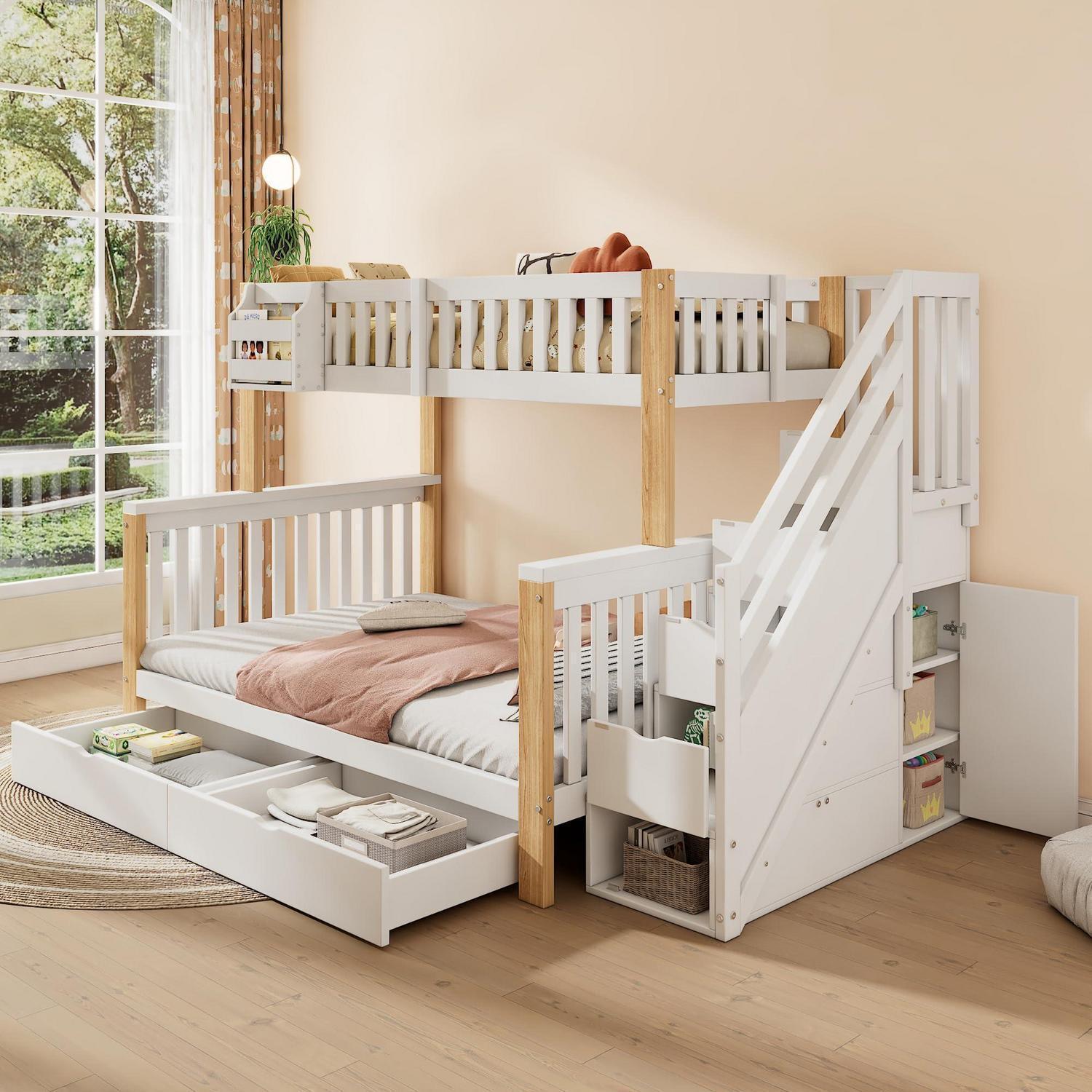 Kinder-Etagenbett mit Schubladen und Treppe 90/140x200 cm Weiß+Natur