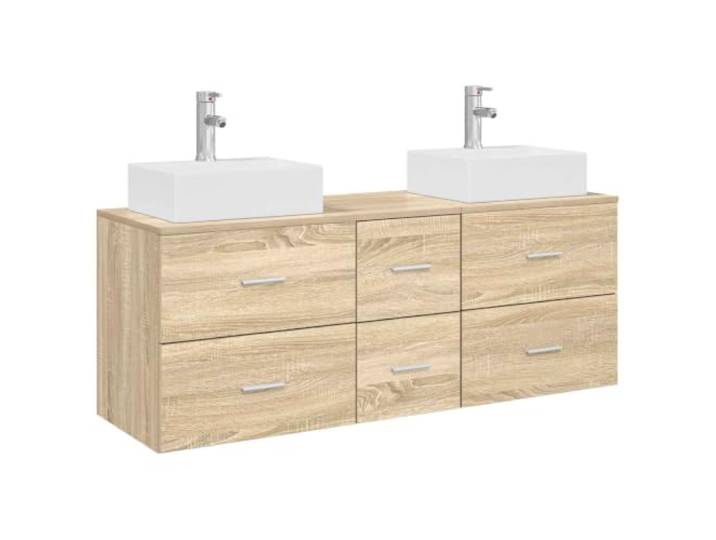 PUGYNBK Badmöbel-Set, 3-teilig, Sonoma-Eiche Holz und Stahl, Wandmontage, 2 Schminktische und Schrank, flexibles Waschbecken