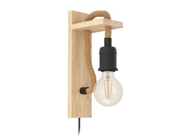Eglo Applique murale Rampside\, lampe murale vintage 1 flamme au design industriel\, spot mural en acier et bois\, couleur : noir\, marron\, douille : E27\, avec interrupteur câble