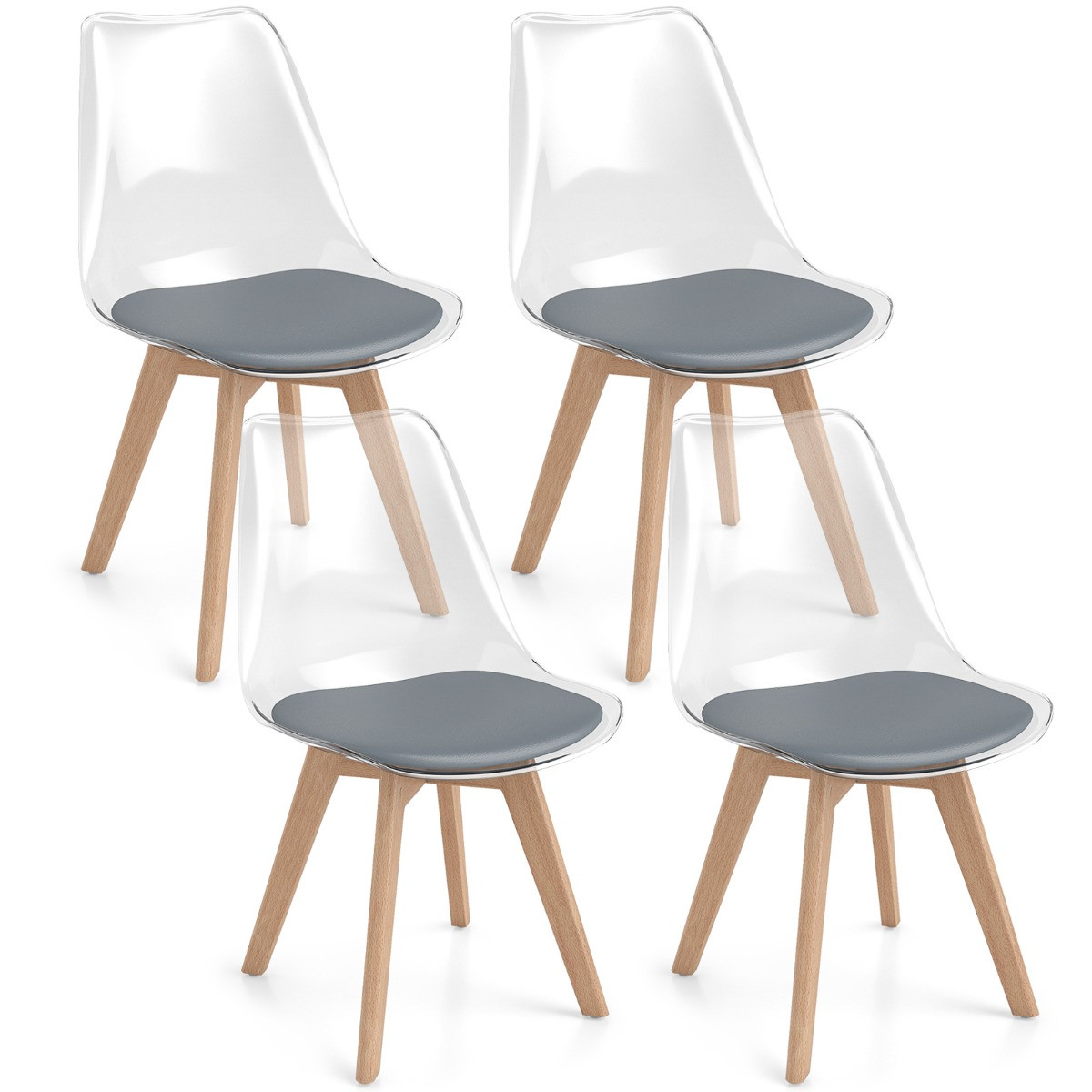 Set van 4 transparante moderne Ghost eetkamerstoelen zonder armleuningen grijs van Costway