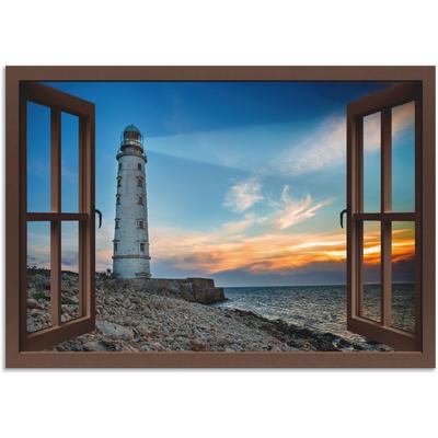 Alu-Dibond-Druck ARTLAND "Fensterblick Leuchtturm", braun (farbe bild(er): braun), B:70cm H:50cm, Bilder, für Innen- und Außenbereich geeignet, Outdoorbild