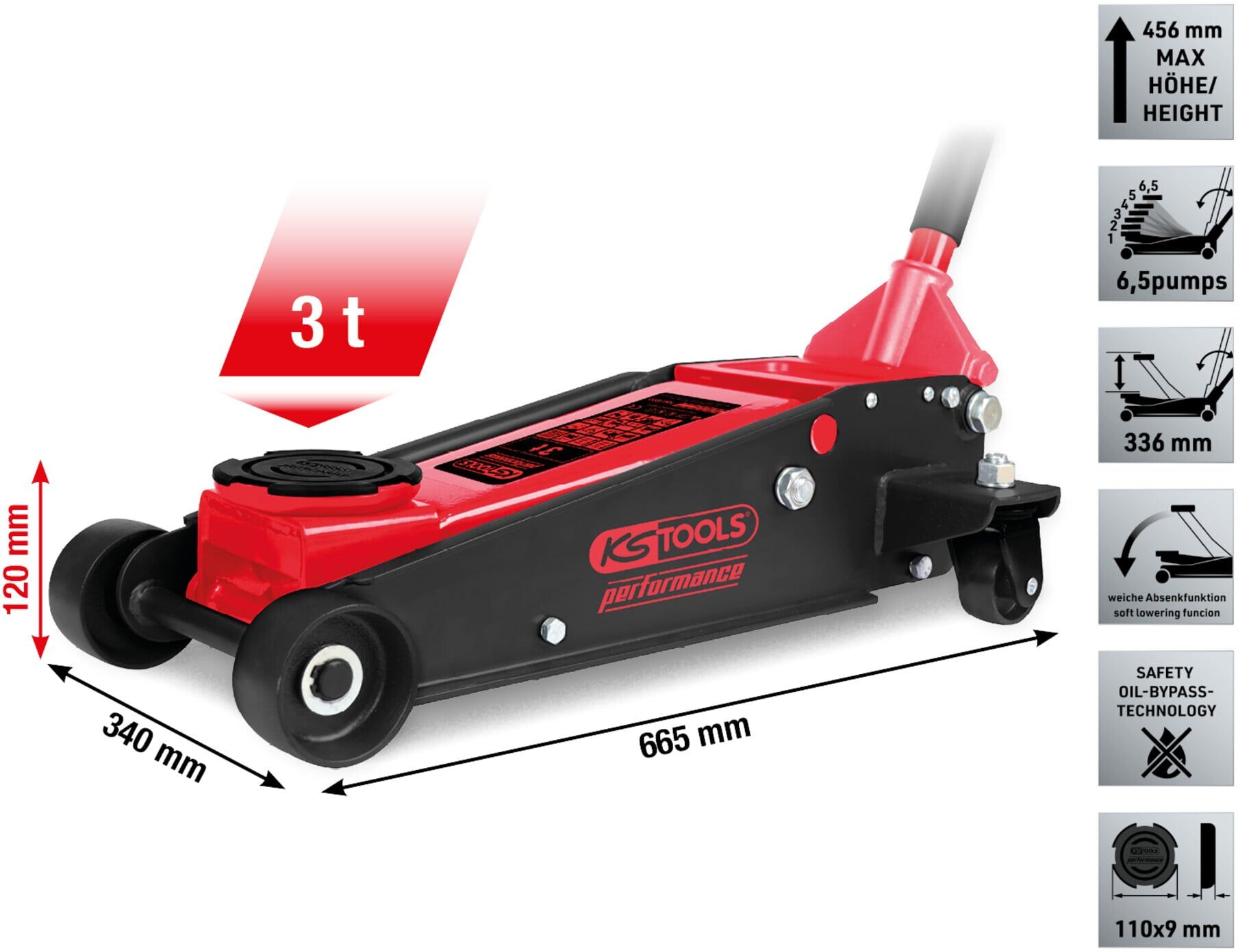KS Tools performance Hydraulischer Stahl-Wagenheber, 3000 kg, Hubhöhe: 120-456 mm (160.1010)