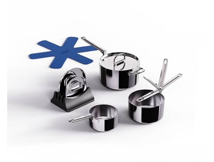 Joseph Joseph Space Steel 3-teiliges Edelstahl Kochtopf Set mit Klappgriffen, 3-lagige Induktionstöpfe, Platzsparend Stapelbar