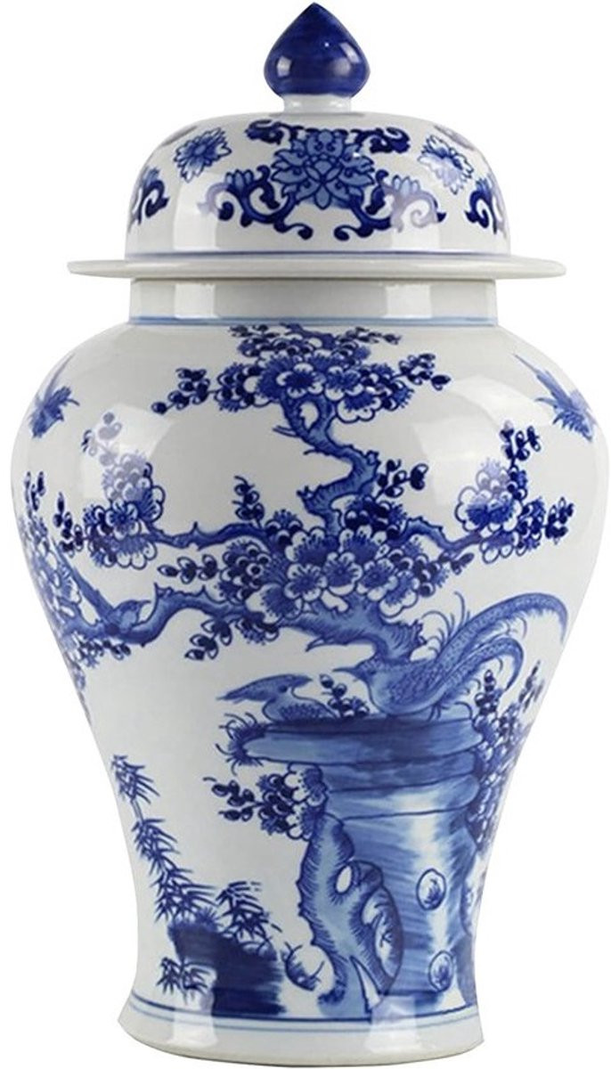 Grote blauw-witte porseleinen vaas met pruimenbloesem en vogel decoratie in klassiek Chinees design