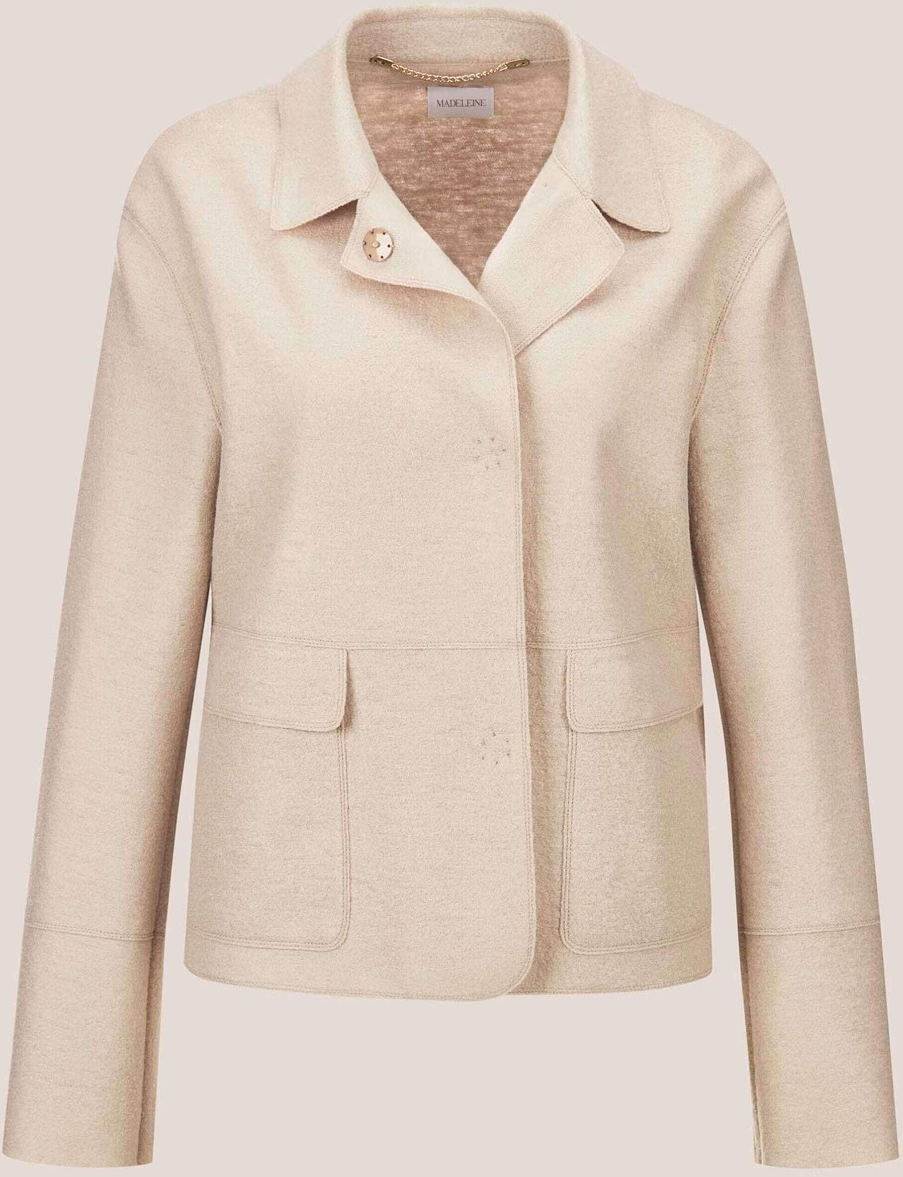 Kurzblazer MADELEINE "Kurzblazer Wollblazer mit Klappkragen und Pattentaschen", Damen, Gr. 46, grau (kiesel), Obermaterial: 100% Schurwolle WV., Modern, normal, Blazer Kurzblazer, Wollblazer in Leichtverarbeitung, gekochte Wolle