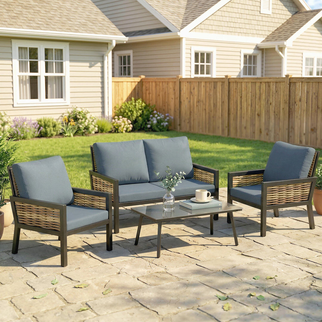 Outsunny 4 Seater Rattan Garden Furniture Set with Table Grey Blue Cushion/Brown Frame 4
