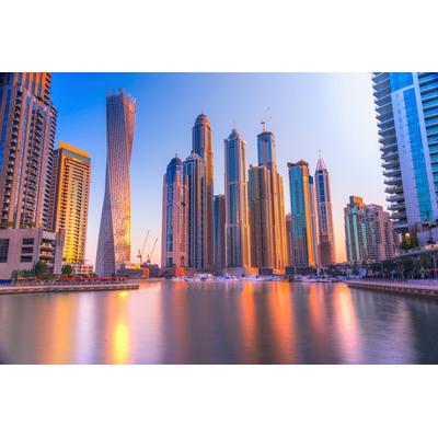 Fototapete PAPERMOON "DUBAI SKYLINE-MARINA EMIRAT CAYAN TOWER MEER KHALIFA", bunt, B:5m L:2,8m, Vlies, Tapeten