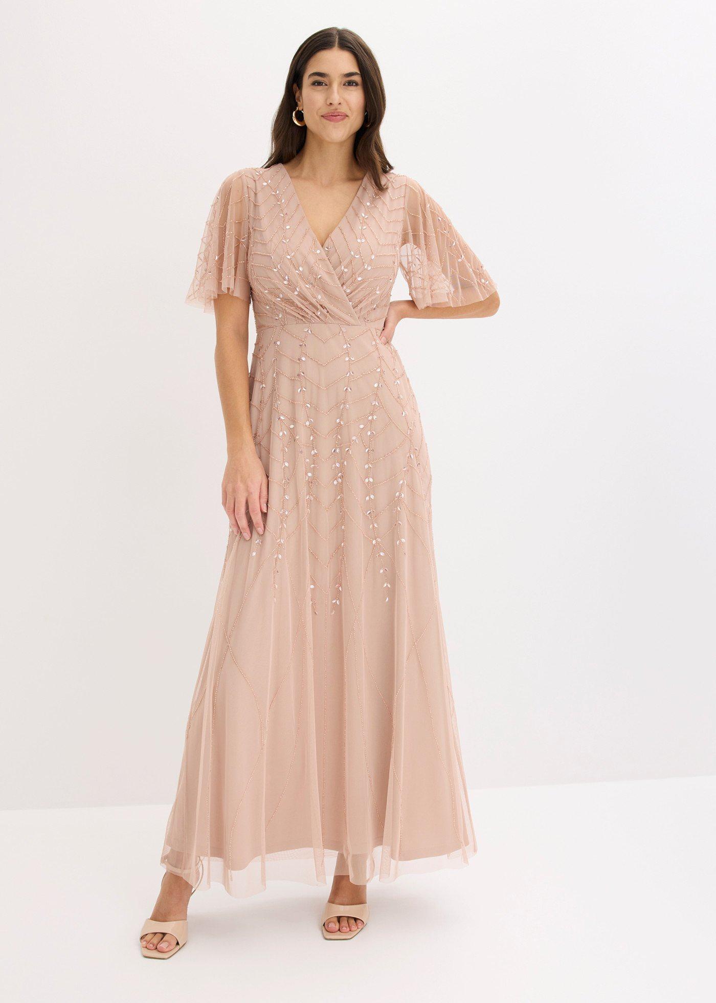 bonprix Abendkleid aus zartem Tüll mit Paillettenstickerei, beige, Gr.46, Maxikleid aus zartem Tüll mit Paillettenstickerei