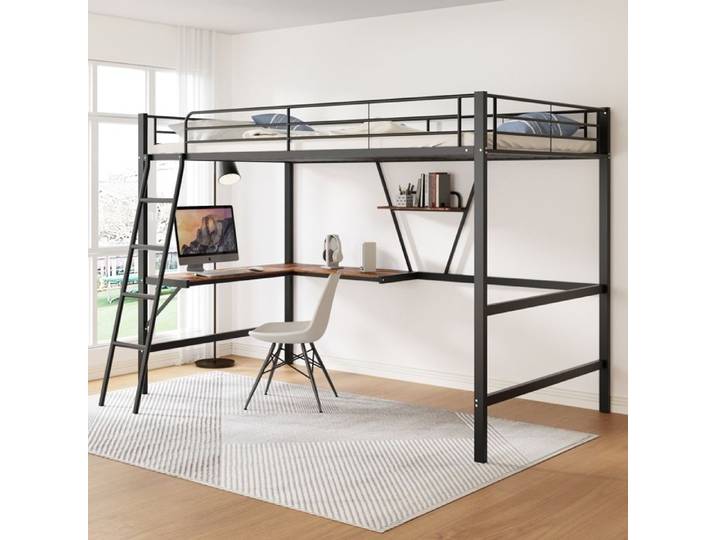 Lit mezzanine noir 90×200 cm bureau en L et étagère sommier inclus structure solide