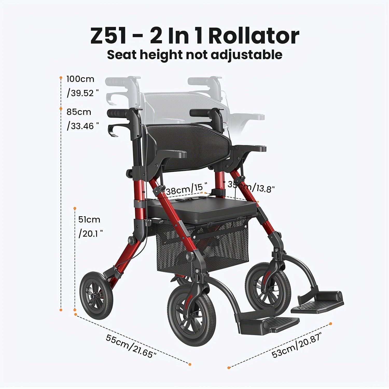 Rollator - Gehhilfe - Leichtgewichtiger, faltbarer Rollator - Mobilitätshilfe - Transportstuhl - 2-in-1