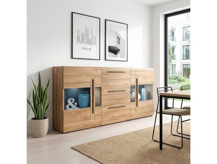 Lomadox Sideboard Eiche Grandson Nb. mit Glas Elementen inkl. LED Beleuchtung, B/H/T: ca. 180/103/39 cm