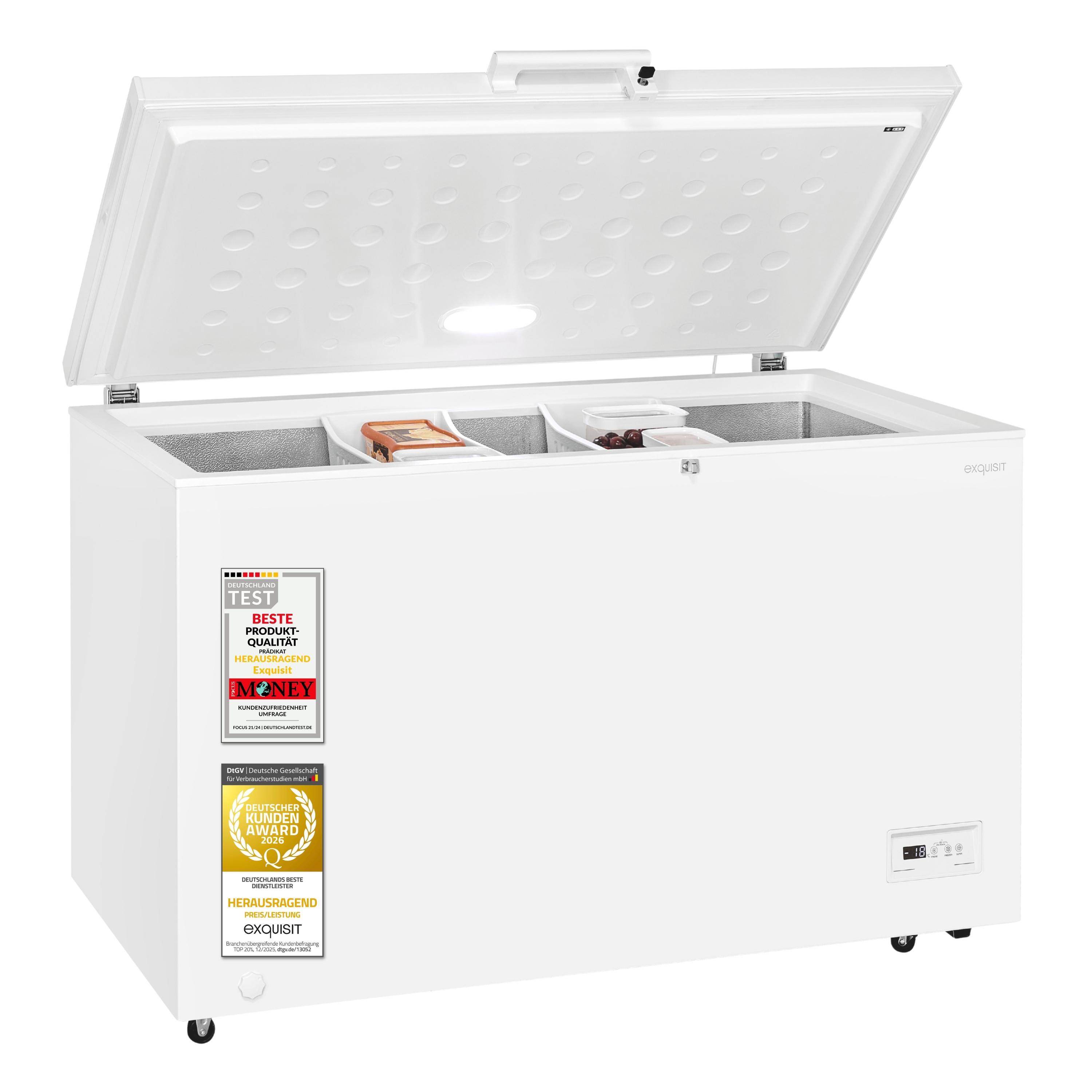 Exquisit Gefriertruhe 371 l | Energieklasse E | Schnellgefrieren | Kühlfunktion | 36 Std. Lagerzeit | leise 39 dB | GT5400-HE-041E weiss | Weiß