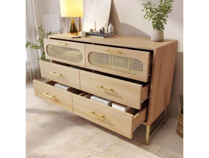 Commode - LEYTN - 120x40x74cm - 6 tiroirs - Métal - Chêne