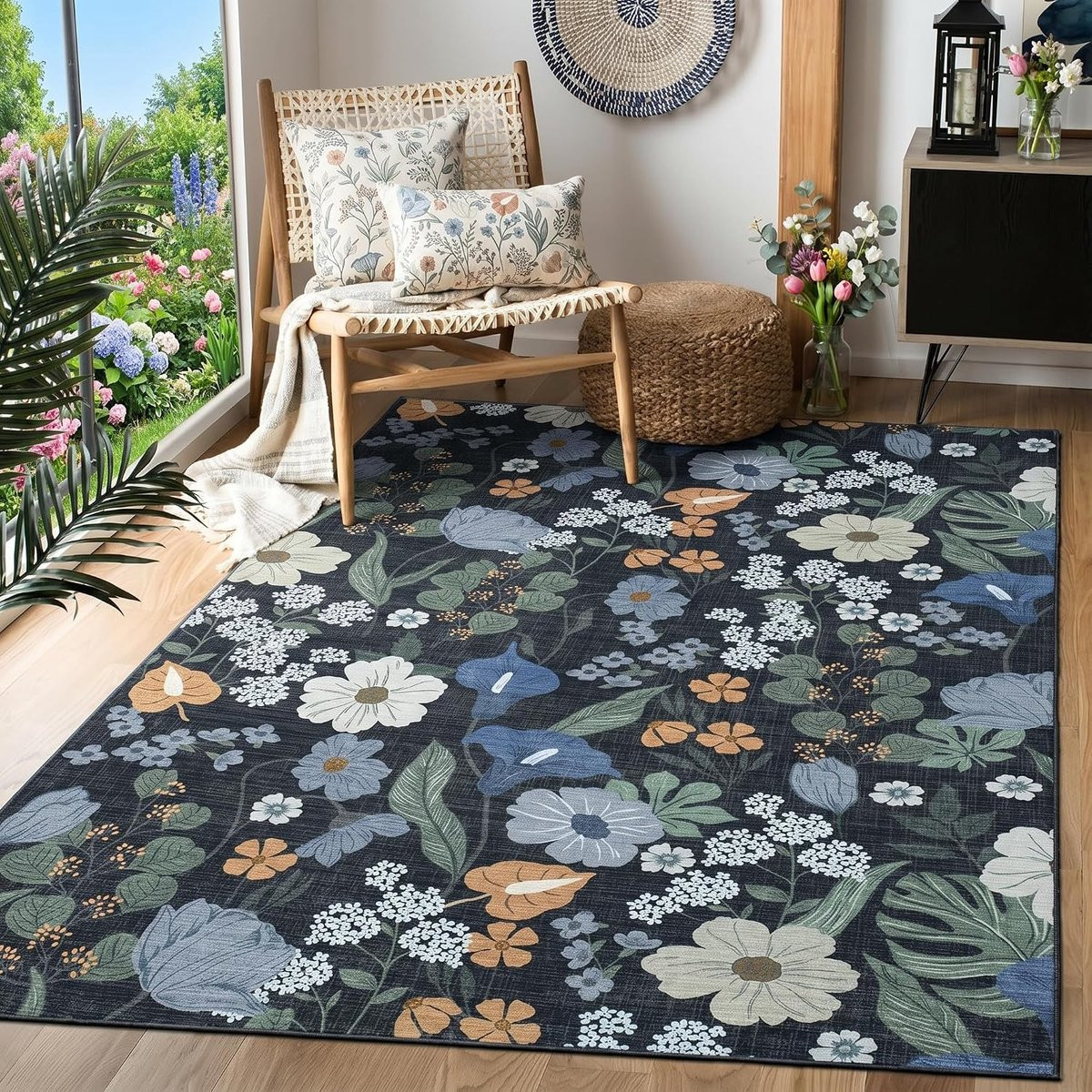 Machine wasbaar vloerkleed met bloemenmotief in boho stijl voor de woonkamer
