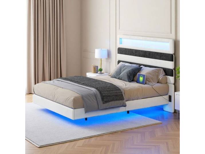 Structure de lit - Lit 140x190 cm - LED - USB - lit double - lit adulte - lit flottant - cadre de lit 140x190 -sommier-velours beige