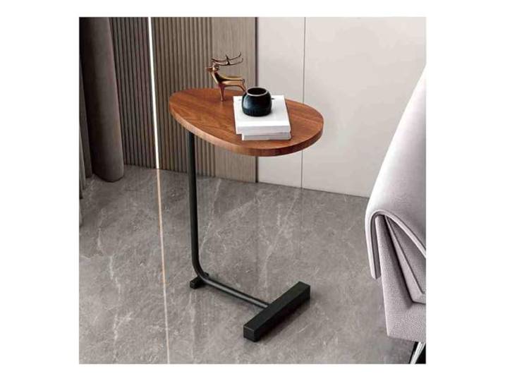 XCHtuerFY Beistelltisch, Eleganter ovaler Beistelltisch aus Holz und Metall, Nachttisch(Flat Type,Walnut Black Legs)