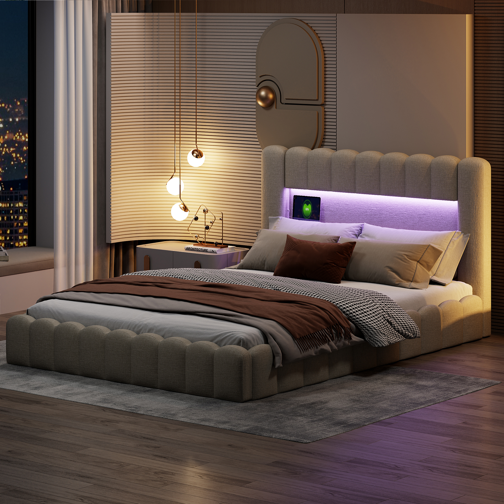 Doppelbett 180×200 cm mit Stauraum, Stubenhocker mit LED-Beleuchtung, Polsterbett, Bett für Erwachsene/Jugendliche, beige Bettwäsche