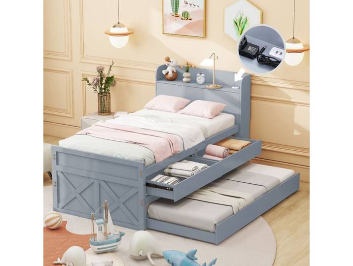 Lit enfant en bois massif - 90x190 cm - Tiroirs de rangement - Prise USB - Lit coulissant