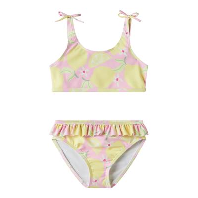 Bustier-Bikini NAME IT "NMFZILUA BIKINI", Mädchen, Gr. 98/104, N-Gr, bunt (pirouette), Elasthan, Polyester, bedruckt, Bikini-Sets, mit süßen Rüschen- und Schleifendetails